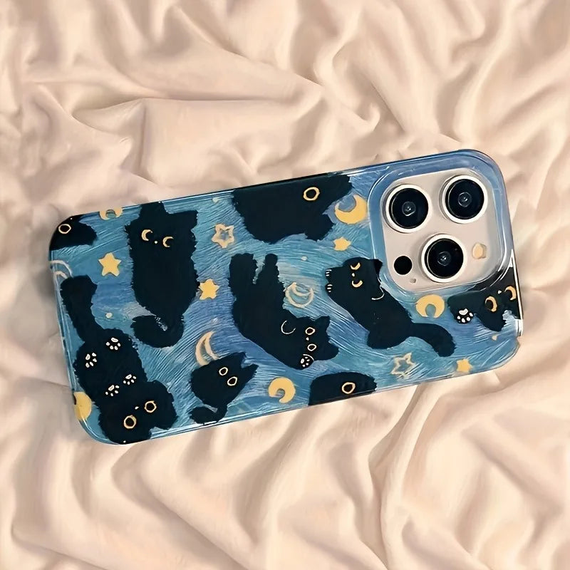 Phone Case For iPhone 17 Pro Max 16E 16 15 14 13 12 11 XS X XR 7 8 Plus SE2 Air Moon Stars And Black Cats Design Silicone Cover