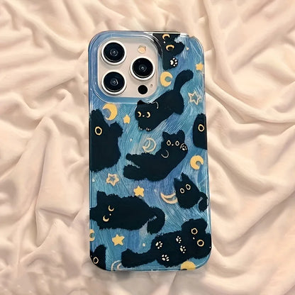 Phone Case For iPhone 17 Pro Max 16E 16 15 14 13 12 11 XS X XR 7 8 Plus SE2 Air Moon Stars And Black Cats Design Silicone Cover